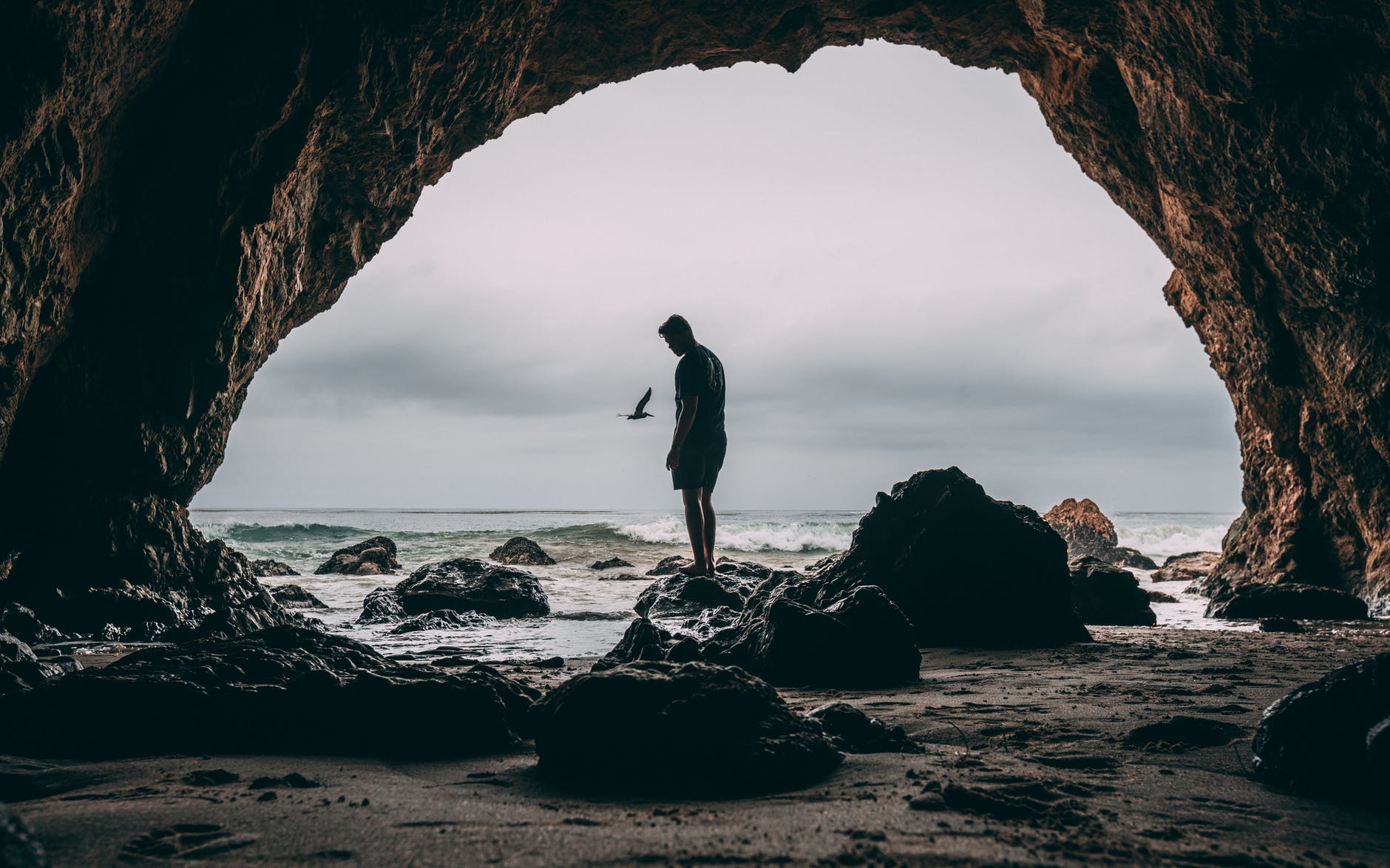 photo of man standing on rock near seashore