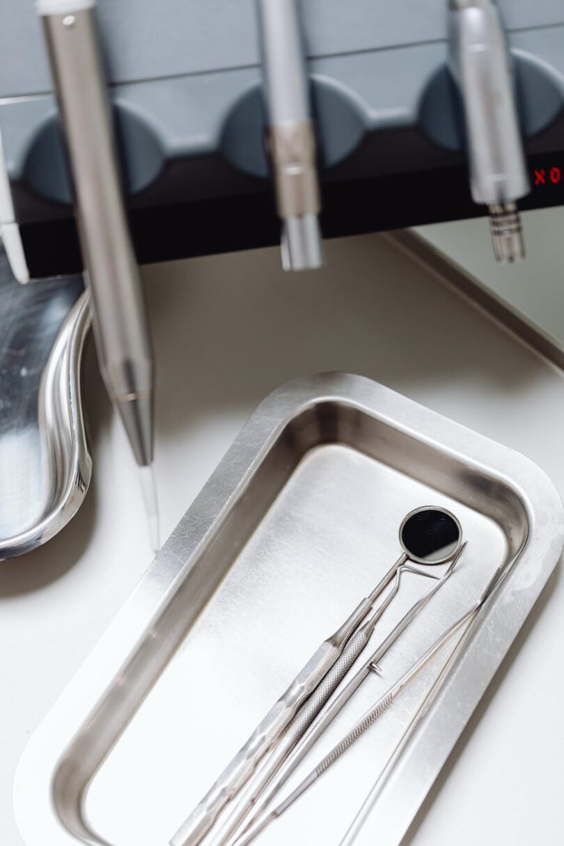 close up of dentist sterile instruments