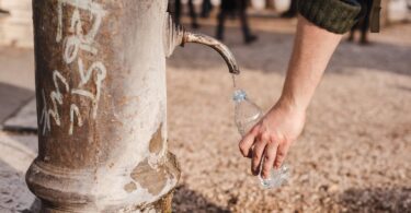 crop person filling bottle with water from drinking fountain